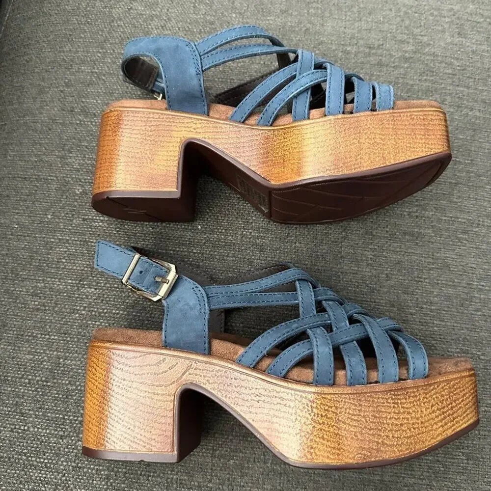 House of Harlow 1960 Women Blue Leather Strappy Platform Sandals Georgia 6.5M